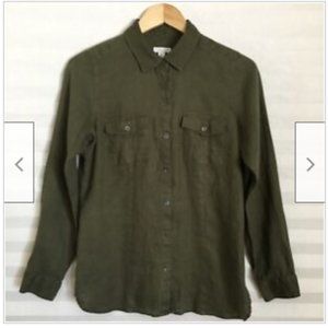 J Jill Love Linen Army Green Button Up Tunic Shirt Long Sleeve